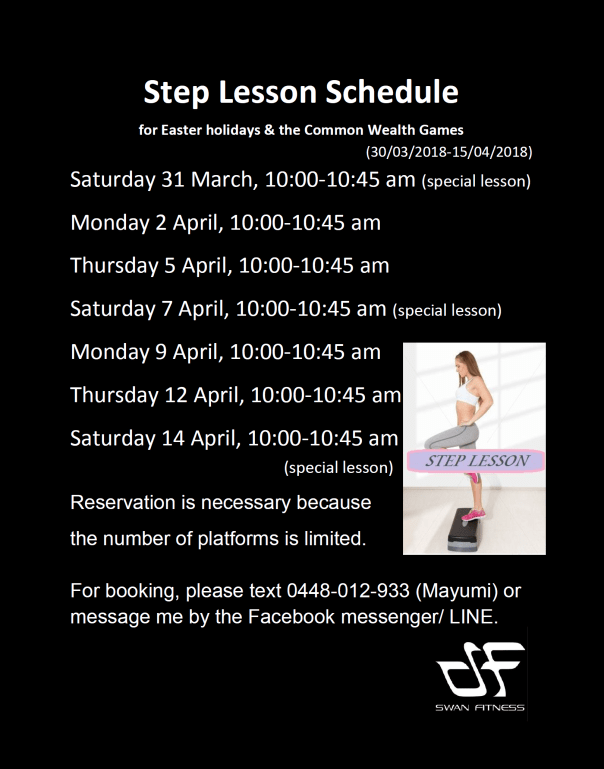 Step Lesson Schedule for Easter holidays and the Common Wealth Games