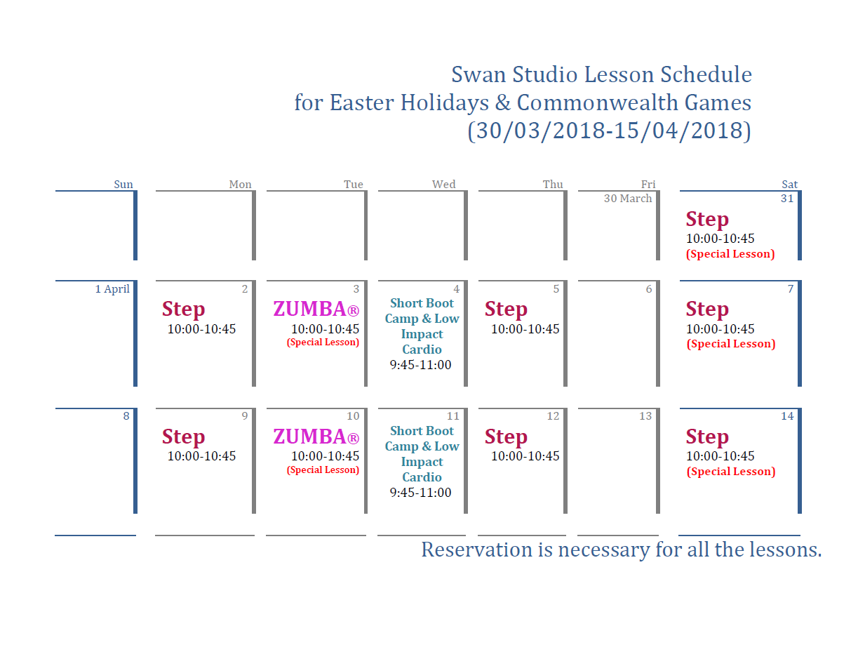 Swan Studio Lesson Schedule for Easter Holidays &amp; Commonwealth Games